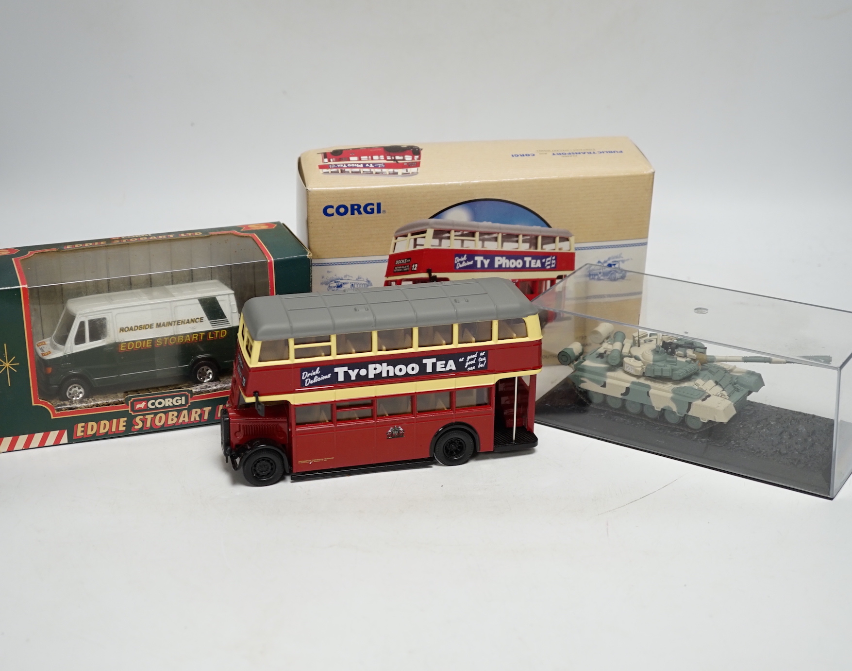 Eight boxed Corgi toys and two other die-cast models including; Eddie Stobart commercial vehicles, two Guy Arab buses, two double deck trams, etc.